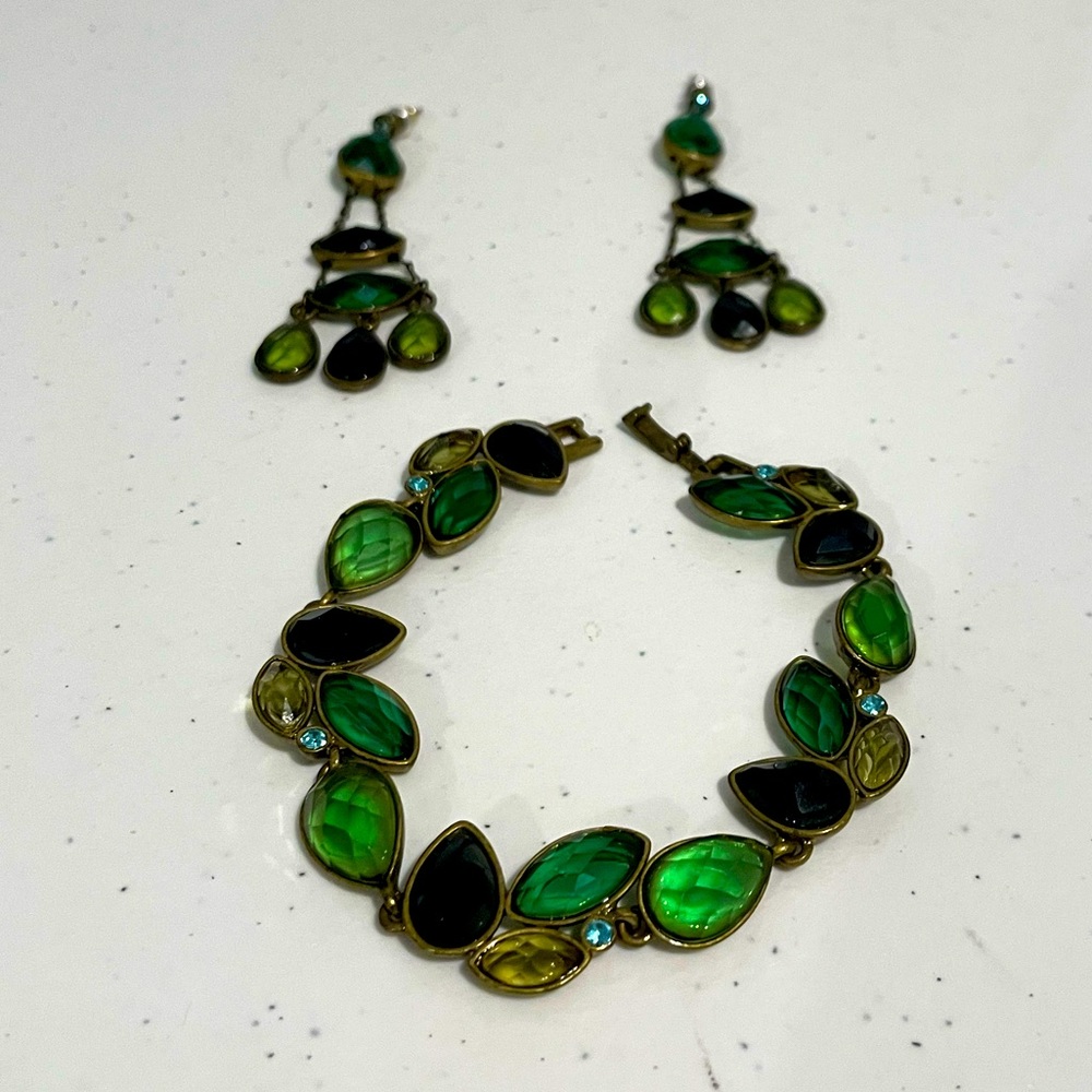 Green and Blue Jeweled Bracelet and Earrings.